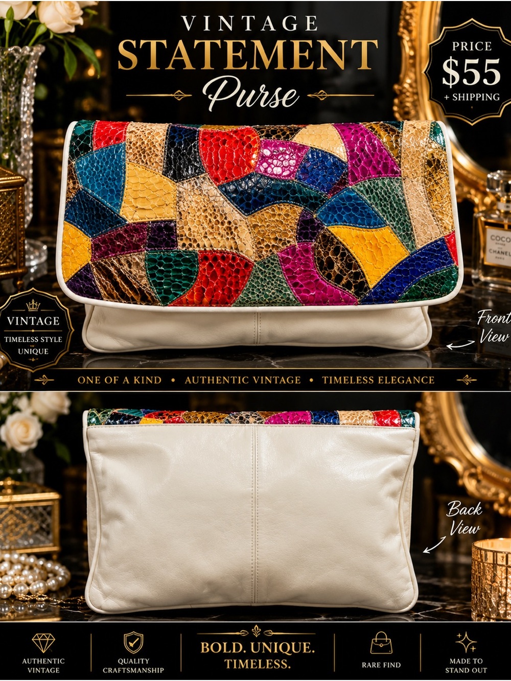 Vintage Statement Multicolor Patchwork Leather Clutch - Cream Body